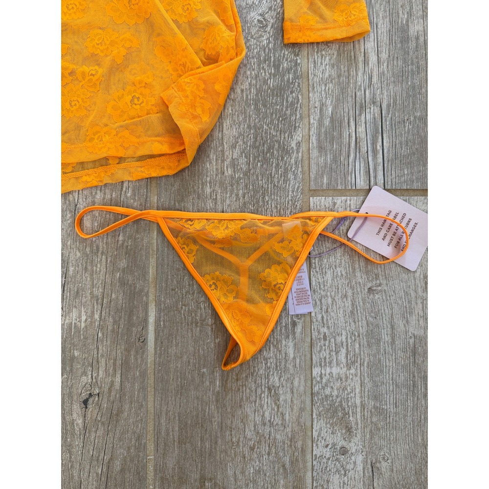 Savage X Fenty Lingerie Set Women Small Orange New Floral Lace Open Back Mini - Picture 7 of 10